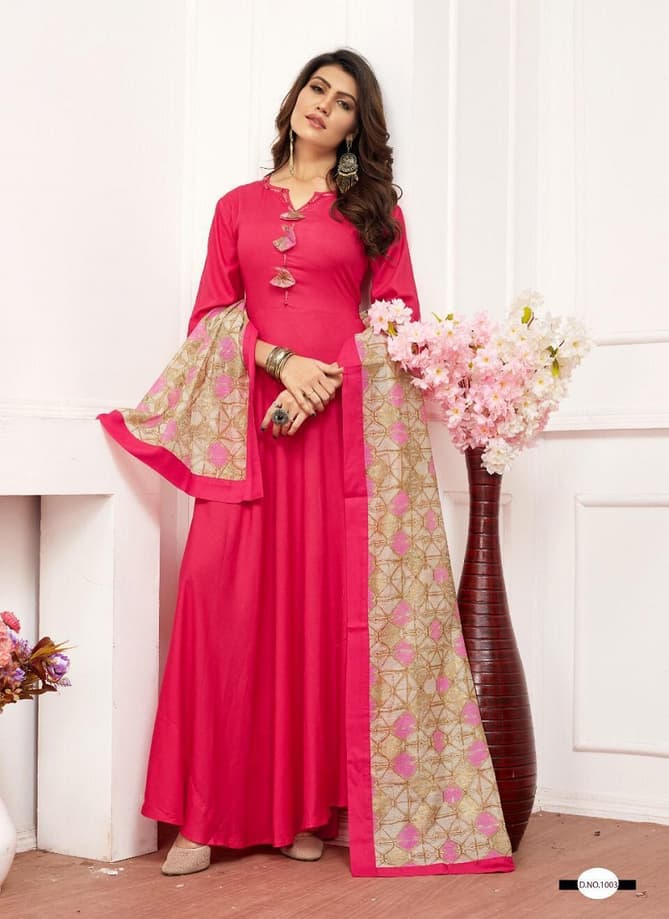 New Launch Stiched Rayon Fabric Gown Having Anarkali Look With Stylish Sleeves and Designer Scarf